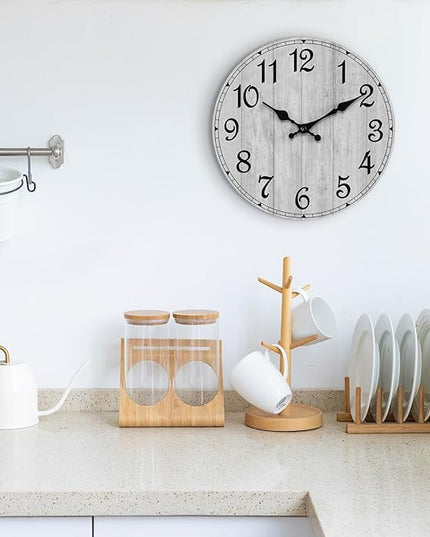 HYLANDA Wall Clock, 10 Inch Wall Clocks Battery Operated Silent Non Ticking, Country Wooden Clocks Farmhous Clock for Bathroom, Living Room, Kitchen, Bedrooms (Gray)