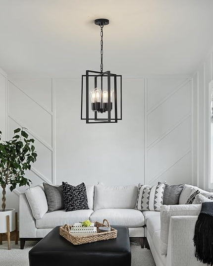 4 Light Modern Farmhouse Chandelier for Dining Room, Black Pendant Lights Fixtures for Kitchen Island, Foyer Lighting Fixtures High Ceiling for Entryway Hallway Living Room Bedroom
