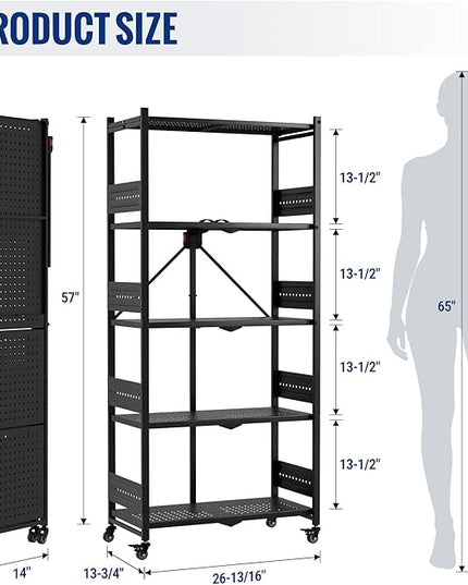 WORKPRO 5-Tier Folding Shelf, No-Assembly Metal Storage Rack with Wheels, 750 lbs Capacity (with Leveling Feet), Collapsible Shelving Unit for Kitchen, Pantry, Bathroom & Closet Organization