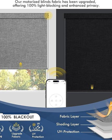 Motorized Blinds with Remote,100% Blackout Smart Roller Shades,Rechargeable Smart Blinds【Solar Panel Included】 Wireless Electric Cordless Shades with Cover Compatible with Alexa Grey 27 * 72