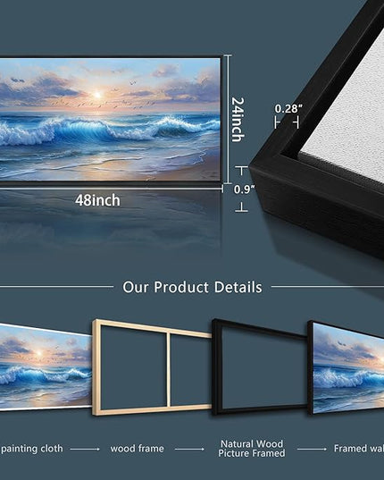 XIGUANGART Ocean Canvas Wall Art, Blue Sea Wave and Large Coastal Beach Paintings Sunset Seascape Pictures Framed Artwork Wall Decor for Living Room Bedroom Bathroom Kitchen Hallway Home Office