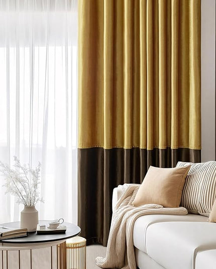BULBUL Color Block Window Curtains Panels 90 inches Long Gold Brown Velvet Farmhouse Drapes for Bedroom Living Room Darkening Treatment with Grommet Set of 2