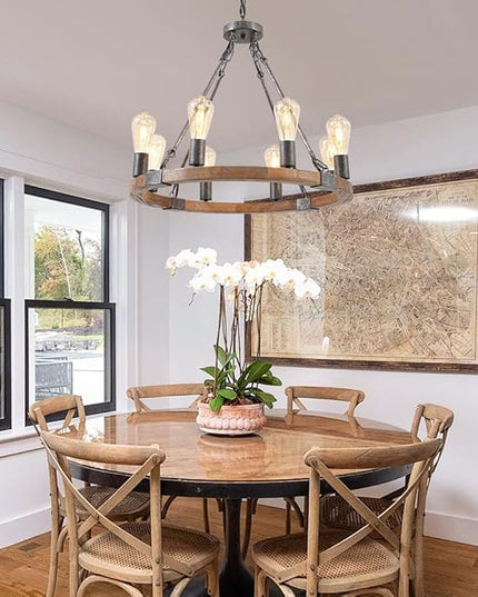 Farmhouse Wooden Wagon Wheel Chandelier 8 Lights 23.8'' Vintage Wood Round Chandelier Rustic Black Pendant Light Fixtures for Living Dining Room Kitchen Entryway Foyer