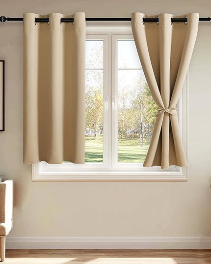 JIUZHEN Beige Blackout Curtains with Tiebacks - Thermal Insulated, Light Blocking and Noise Reducing Grommet Curtain Drapes for Bedroom and Living Room, Set of 2 Panels, 42 x 54 Inch Length