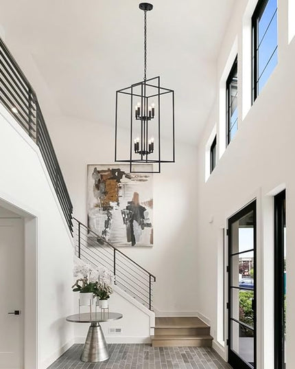 Black Farmhouse Chandelier, Extra Large Tiered Lantern Pendant Light 15.75" Entryway Light Fixture, Industrial Staircase Chandelier for Foyer Entryway Hallway, Lacquered Black(8 Lights)