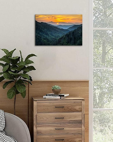 Forest Sunrise Wall Art Decor Great Smoky Mountains Photo Prints National Park Landscape Canvas Painting Artwork Framed for Bedroom Living Room (16x24 inch)