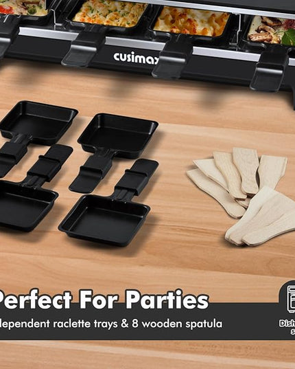 Raclette Table Grill, CUSIMAX Electric Grill, Indoor Grill Korean BBQ Grill With 2 in 1 Reversible Non-stick Plate, Crepe Maker with Adjustable temperature control, 8 Raclette Pans & Wooden Spatulas