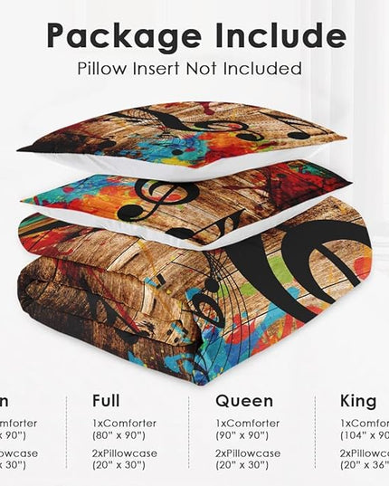 King Size Comforter Set with 2 Pillowcases, Musical Music Disco 3 Pcs Bedding for Kids and Adults, Black Retro Woodboard Soft Comforter Set for Bedroom Bed Decor