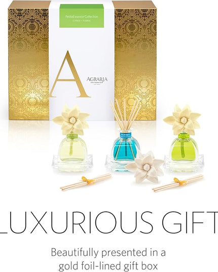AGRARIA Citrus & Floral PetiteEssence Collection, Handmade Sola Flower Reed Diffuser Set of 3, Luxury Home Fragrance Scented Oil Diffuser Gift Set