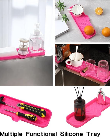 Silicone Bathroom Soap Dishes with Drain Spout-Bathroom and Kitchen Sink Organizer,Sponge Holder,Dish Soap Tray,Perfect for Dispenser,Scrubber,Bottle,Cup on Sink or Counter-Rose 12"×4"