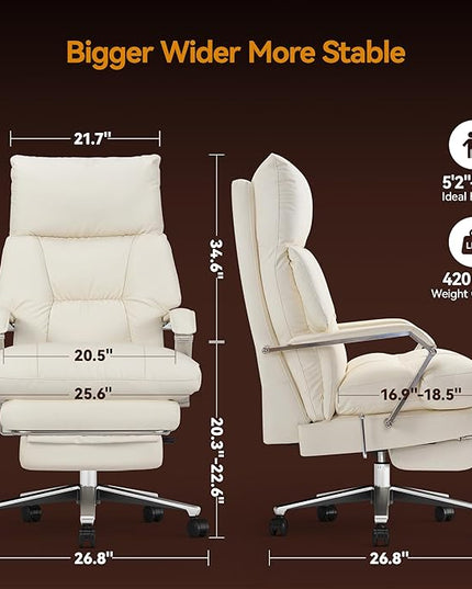 Reclining Office Chair with Footrest - 25.6" Wide Seat & Adjustable Seat Depth, Big and Tall High Back Leather Executive Home Office Desk Chair 400lbs, Cream