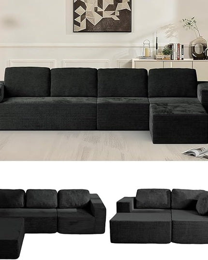 136" Cloud Sectional Couch, Left/Right Facing Convertible Sofa with Deep Seat, L-Shape Modular Upholstered Foam Couch for Living Room Bedroom, No Assembly Required (Corduroy Fabric, Black)