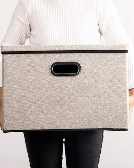 PRANDOM Large Foldable Storage Bins with Lids [3-Pack] linenFabric Decorative Storage Boxes Organizer Containers Baskets Cube with Handles Divider for Bedroom Closet Office Light Grey(17.7x11.8x11.8)