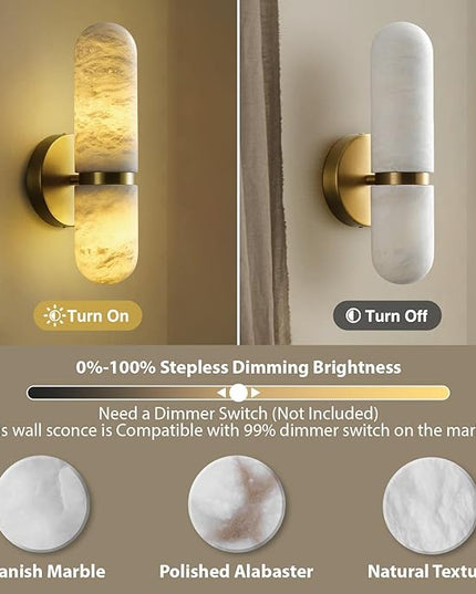 Alabaster Wall Sconces Set of Two,13in Brass Alabaster Sconce, Modern Spanish Natural Marble Sconces Lights, Gold Sconces for Bathroom Vanity Bedroom Living Room Staircases Hallway