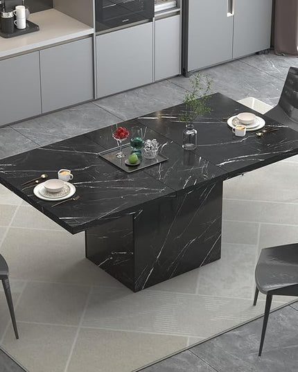 HSH 55 inch Dining Room Table for 4, Modern Black Faux Marble Dining Table, Rectangle Kitchen Table with Heavy Duty Pedestal, Industrial Wood Dinner Desk for Home Living Room, Black Marble, 55 Inch