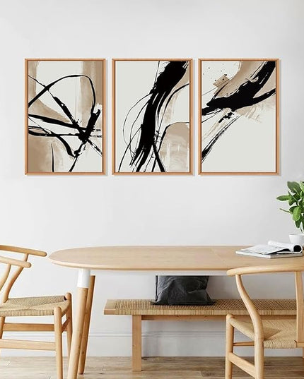 HOURIA Large Abstract Tan and Black Brush Stroke Framed Canvas Wall Art Set,Textured Beige Circle Wall Decor,Minimalism Brown Ink Line Artwork,Modern Shape Art Print for Living Room,Bedroom- 24"x36"x3