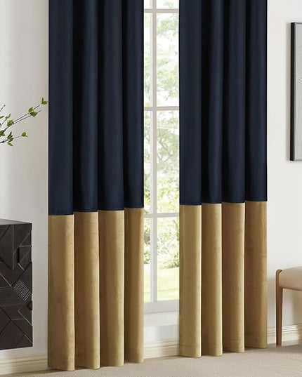 BULBUL Color Block Window Curtains Panels 72 inches Long Navy Blue Gold Velvet Farmhouse Drapes for Bedroom Living Room Darkening Treatment with Grommet Set of 2