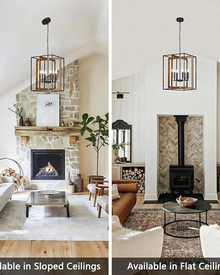 6-Light Rustic Farmhouse Chandelier for Dining Room, 20.6'' Modern Farmhouse Faux Wood Black Chandeliers, Adjustable Metal Lantern Hanging Light Fixture for Foyer, Kitchen, Entryway, Hallway