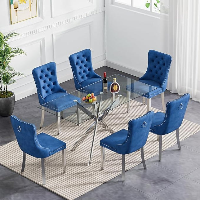 51" Glass Dining Table Set for 6, Modern Dining Room Table Set for 6, Silver X-Shape Pedestal Glass Table with 6pcs Blue Dining Chairs, 7 Piece Dining Set for Dining Living Room
