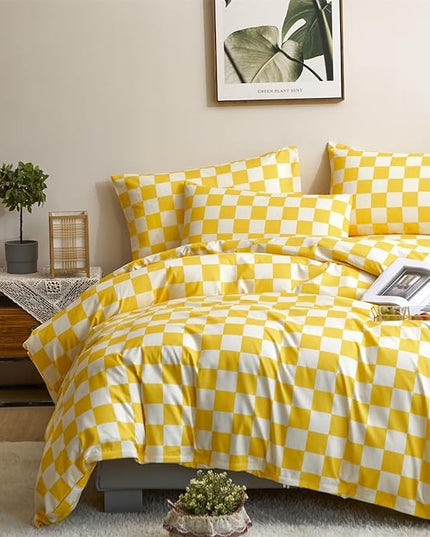 Houseri Yellow and White Comforter Set Queen Buffalo Plaid Light Yellow Bedding Grid Comforters Queen Size Women Girls Bright Yellow Checkerboard Comforter Elegant Yellow Gingham Bedding Blanket Queen