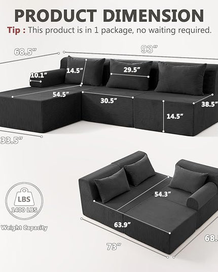 93" Sectional Couches for Living Room, Modular Sectional Sofa, Cloud Couch with L-Shape Chaise, Boneless Couches, Comfy Corduroy Fluffy Couch with Deep Seat, No Assembly Required, Black