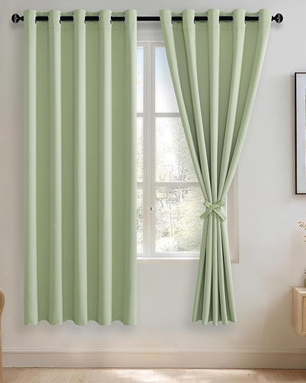 JIUZHEN Light Green Blackout Curtains with Tiebacks Thermal Insulated, Light Blocking and Noise Reducing Grommet Curtains for and Living Room, Set of 2 Window Curtain Panels, 60 x 72 Inch Length