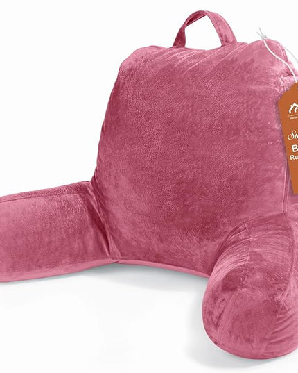 Sasttie Reading Pillow, Velvet Back Pillow for Bed Sitting Up, Adult Back-Rest Support Cushion with Arms for Sit Up on Couch, Sofa, and Floor, Dorm Essentials, Reading Accessories, Rose Pink