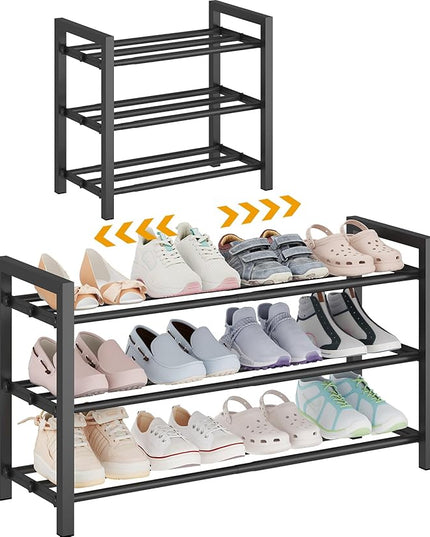 3-Tier Expandable Shoe Rack – Adjustable Heavy-Duty Metal Shoe Organizer Shelf for Closet, Entryway, Mudroom & Garage – Durable Freestanding Storage, Black
