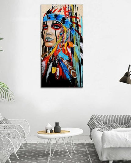 Canvas Wall Art Native American Indian Beauty Large Modern Canvas Artwork Girl with Colorful Feathers Contemporary Canvas Picture Bedroom Living Room Hallway Home Office Kitchen Wall Decor 40" x 20"