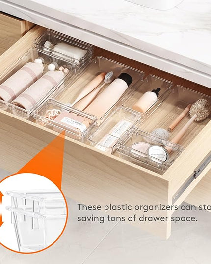 Lifewit 15 Pcs Large Bathroom Drawer Organizers, 3 Sizes Clear Plastic Storage Organizer Trays for Make Up, Kitchen Utensils, Vanity Accessories in Bathroom/Office/Dresser Organization