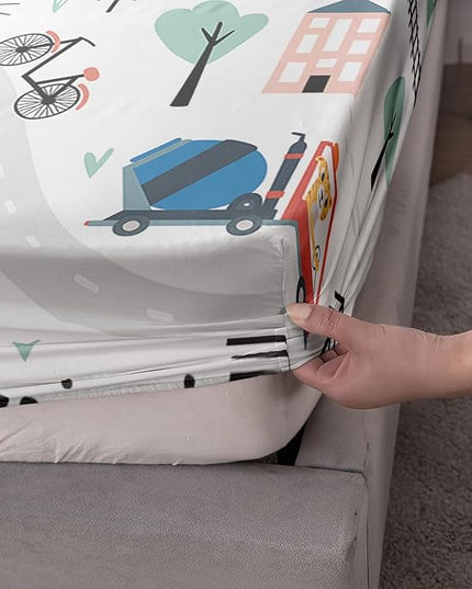 Ailonen Construction Cars Bed Linens - Queen Size Sheet Set With 1 Fitted Sheet and 2 Pillowcases For Boys Kids