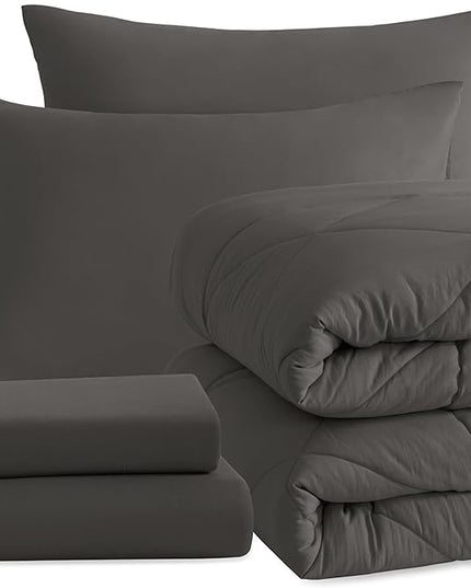 NTBAY Twin Comforter Set with Sheets, 5 Pieces Soft and Breathable Twin Bedding Set, Twin Bed in a Bag, Down Alternative Comforter Set Solid Color All Season, Kids Bedding Set, Dark Grey