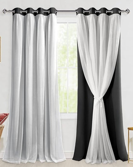 Hiasan Black Blackout Curtains with White Sheer, Mix & Match Double-Layer Thermal Insulated Sun Blocking Grommet Window Curtains for Bedroom, Living Room, 2 Drape Panels with Tiebacks, 52W X 96L