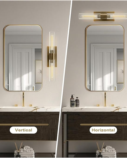 Wall Sconce, Brass Sconce for Bathroom Vanity, Gold Mirror Wall Light, 22.8" Indoor Wall Light Fixtures, Two Glass Tube Brass Wall Sconce for Bathroom, Bedroom, Vanity, Living Room