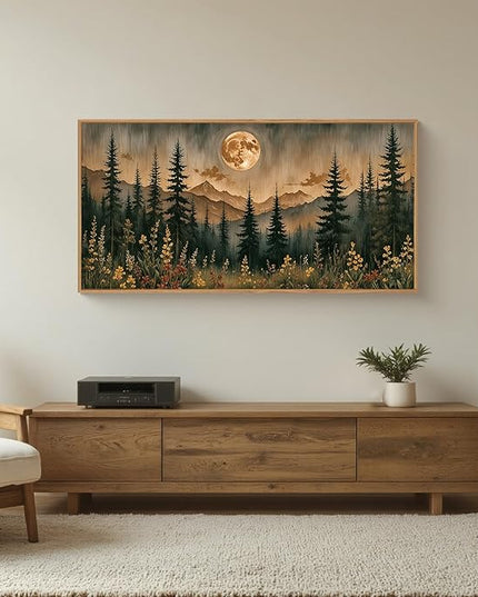 HOURIA Vintage Boho Nature Moonlight Forest Mountain Framed Canvas Wall Art Set,Wilderness Dark Moon Woodland Floral Decor,Retro Wildflower Field Landscape Artwork for Living Room,Farmhouse- 20"x40"x1