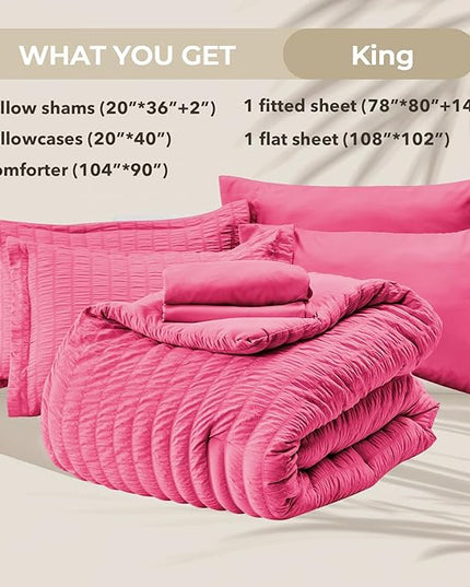 HYMOKEGE Hot Pink King Size Comforter Set Seersucker 7 Pieces, All Season Luxury Bed in a Bag for Bedroom, Bedding Set with Comforter, Sheets, Pillowcases & Shams