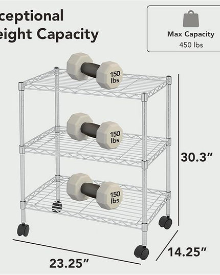 3 Tier Wire Shelving Unit Storage Rack, Metal Heavy Duty Utility Organizers, Organization Units for Metal Shelves, Pantry, Garage, Laundry Racks Durable Shelf Stand, 14"W x 24"L x 30"H, Chrome