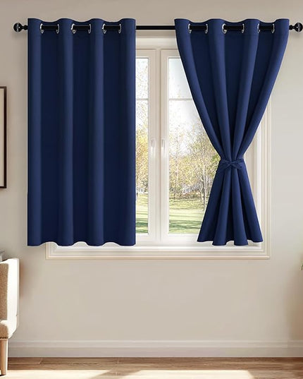 JIUZHEN Navy Blue Blackout Curtains with Tiebacks Thermal Insulated, Light Blocking and Noise Reducing Grommet Curtains for Bedroom and Living Room, Set of 2 Window Curtain Panels, 52 x 54 Inch Length