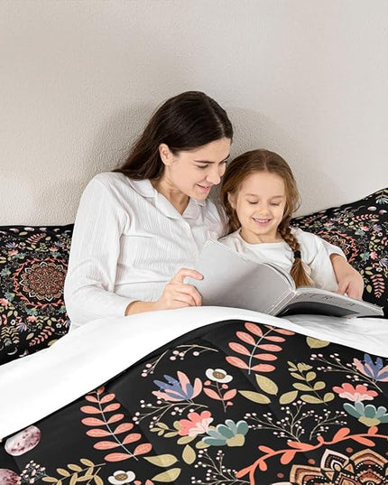 Sun and Moon Kids Comforter Set King Size,Mandala Flowers Leaves Boho Exotic Bedding Set,Boys Girls Adults Room Decor,Starry Sky Datura Trippy Down Comforter,Colorful Duvet Insert,2 Pillowcases