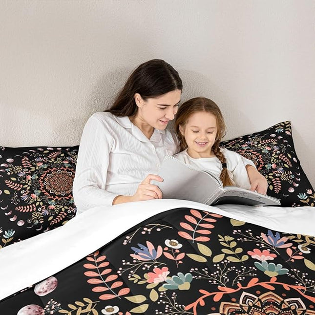 Sun and Moon Kids Comforter Set Twin Size,Mandala Flowers Leaves Boho Exotic Bedding Set,Boys Girls Adults Room Decor,Starry Sky Datura Trippy Down Comforter,Colorful Duvet Insert,1 Pillowcase
