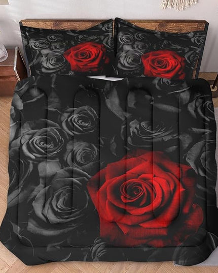 Full Size Comforter Set with 2 Pillowcases, Red Rose Flower 3 Pcs Bedding for Kids and Adults, Summer Vintage Floral Soft Comforter Set for Bedroom Bed Decor