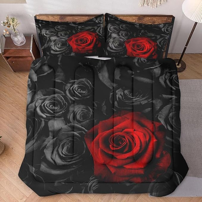 Twin Size Comforter Set with Pillowcase, Red Rose Flower 2 Pcs Bedding for Kids and Adults, Summer Vintage Floral Soft Comforter Set for Bedroom Bed Decor