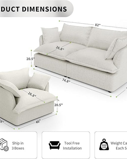 Cloud Modular Sectional Sofa Couch, Loveseat with Armchair Convertible Sectional Couch, Down Feather Fill Sofa, Completely Removable Cover, Corner Sofa for Living Room, Office,Light Grey