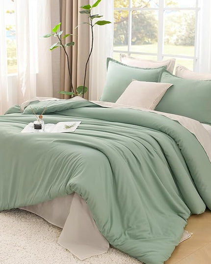 Litanika King Size Comforter Set, 3 Pieces Fluffy Lightweight Comforter King Size, All Season Solid Down Alternative Comforter Bed Set, Sage Green King