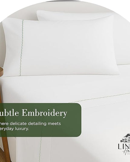 Linen Home 100% Cotton Percale Moon Scallop Hem Pillowcases Queen/Standard Size, Olive Green, 2 Pieces of Pillow Case, Crisp and Cool Strong Bed Linen, 20 inches X 30 inches