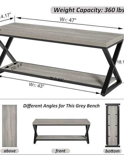 IBF Industrial Wood Entryway Bench, Indoor Farmhouse Hallway Accent Entry Bench for Seating Sitting with Storage, Metal Shoe Rack Grey Bench Organizer in Foyer Bedroom, Light Grey Oak, 47 Inch Long