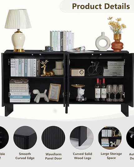 Sideboard Buffets Cabinet, Modern Accent Storage Cabinet with 4 Fluted Doors and Adjustable Shelves, Wood Credenza Buffet Sideboards, Console Table for Kitchen Dining Living Room Entryway (Black)