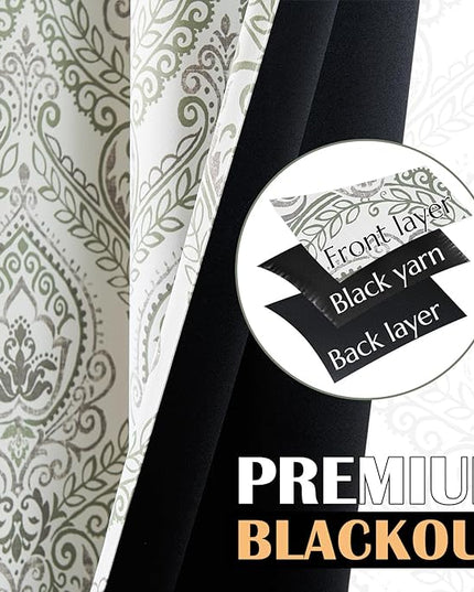 jinchan Blackout Curtains 108 Inch Length 2 Panels Green Damask Medallion Window Curtains for Bedroom Extra Long Grommet Thermal Insulated Drapes for Living Room Vintage Window Treatments Set