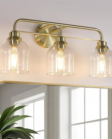 3 Light Gold Vanity Lights for Bathroom, Bathroom Light Fixtures Over Mirror with Clear Glass Shade, Ceramic E26 Sockets Wall Mounted