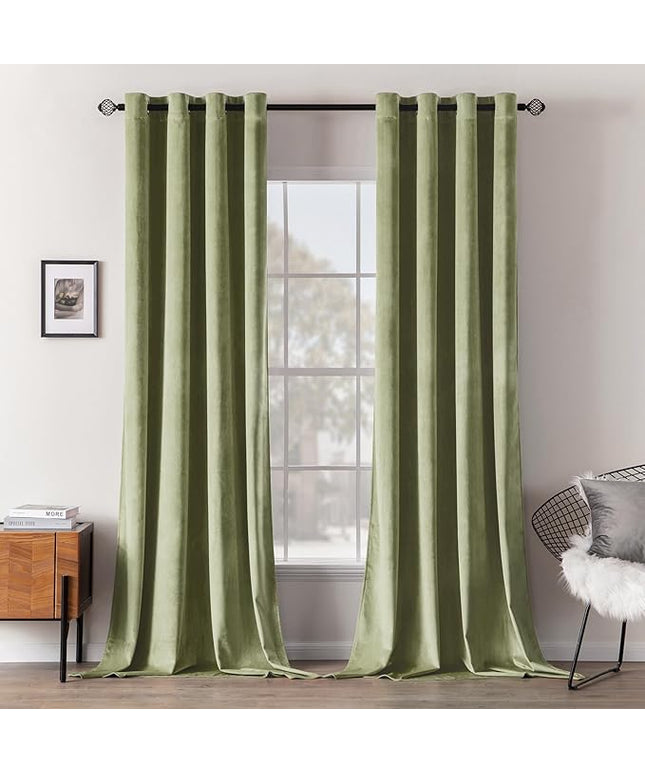 MIULEE Sage Velvet Curtains Green Thermal Insulated Soundproof Room Darkening Blackout Curtains/Grommet Black Out Window Drapes for Living Room/Bedroom/Home Theatre Decor 52 x 108 Inches 2 Panels